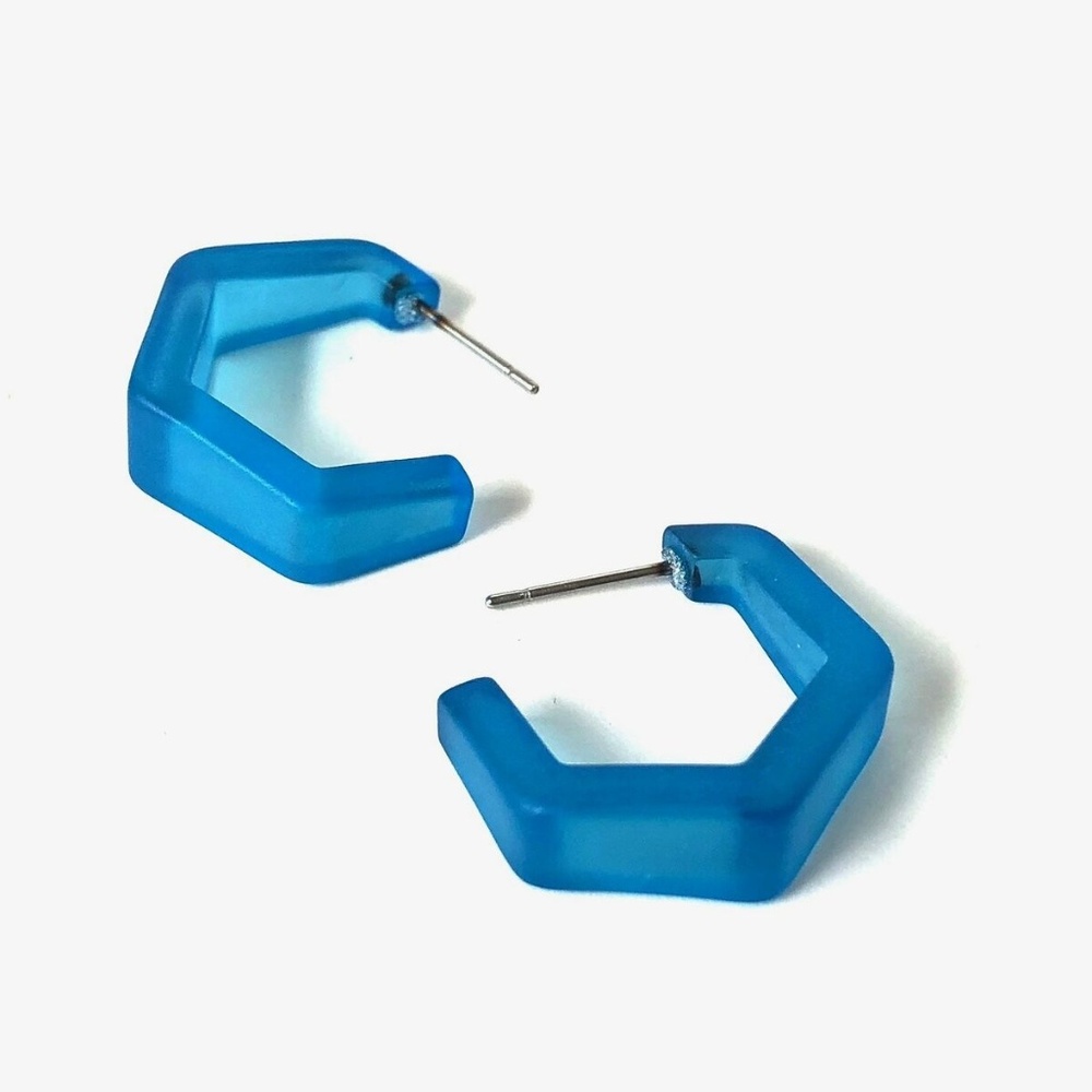 Aqua Vintage Lucite Tapered Hex Hoop Earrings